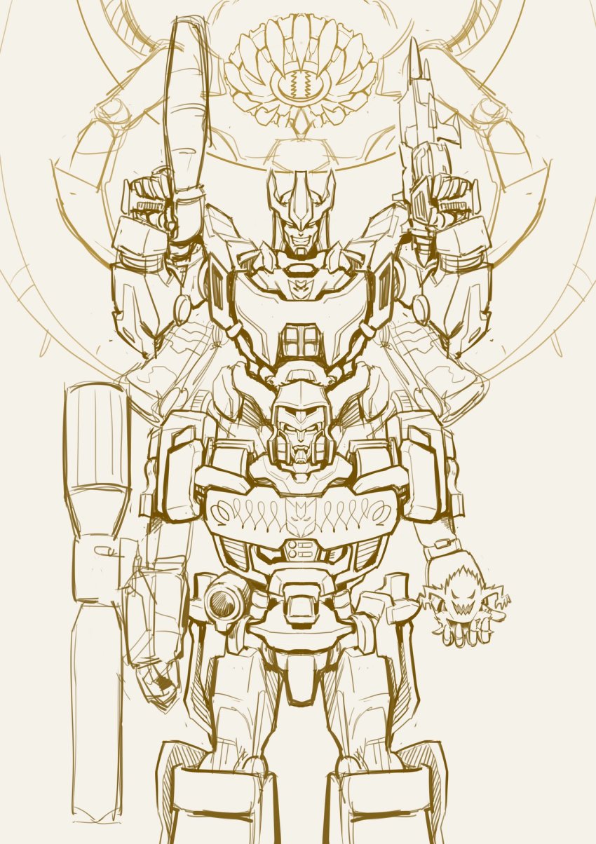 2boys arm_cannon clenched_hand ct990413 decepticon dual_wielding galvatron gun highres holding holding_gun holding_weapon looking_at_viewer mecha megatron monochrome multiple_boys no_humans open_hand robot science_fiction sketch smile the_transformers_(idw) transformers weapon