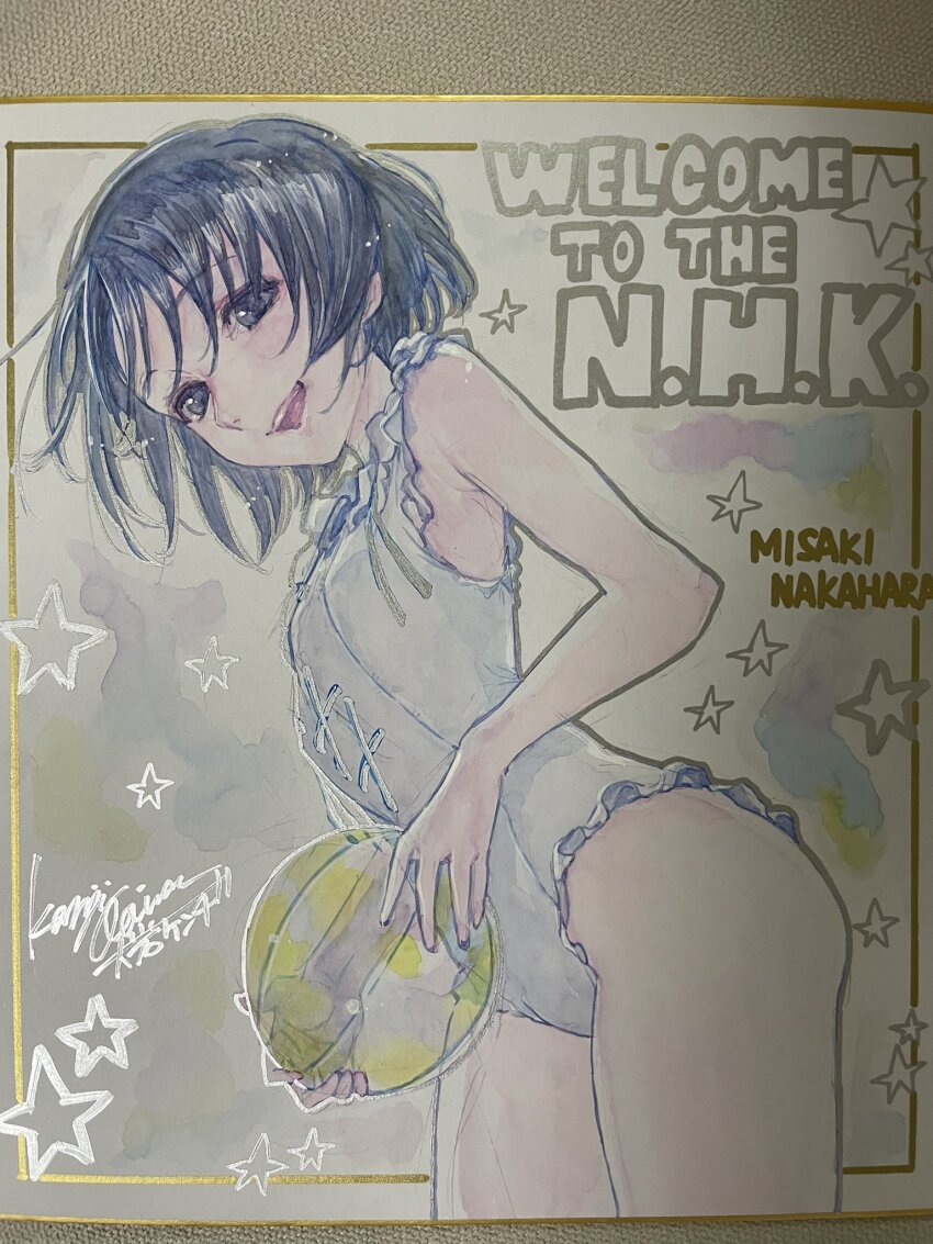 1girl ball beachball black_eyes black_hair breasts frilled_one-piece_swimsuit frills highres looking_at_viewer nakahara_misaki nhk_ni_youkoso! one-piece_swimsuit ooiwa_kenji open_mouth photo_(medium) shikishi short_hair small_breasts smile solo swimsuit traditional_media white_one-piece_swimsuit