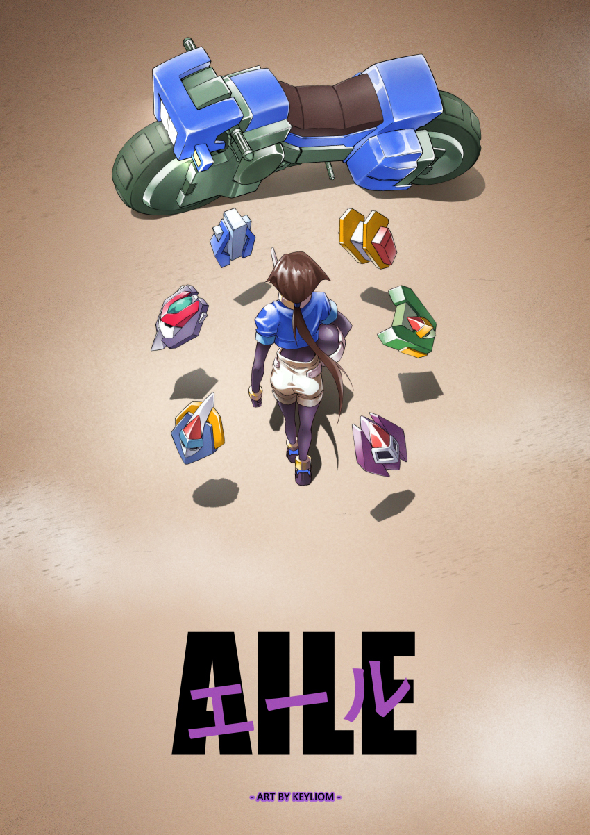 1girl absurdres aile_(mega_man_zx) akira_(manga) akira_movie_poster biometal black_bodysuit blue_jacket bodysuit bodysuit_under_clothes brown_hair character_name commission cropped_jacket full_body helmet highres holding holding_helmet jacket keyliom long_hair mega_man_(series) mega_man_zx mega_man_zx_advent model_f_(mega_man) model_h_(mega_man) model_l_(mega_man) model_p_(mega_man) model_x_(mega_man) model_z_(mega_man) motor_vehicle motorcycle ponytail robot_ears shorts solo_focus unworn_headwear unworn_helmet white_shorts