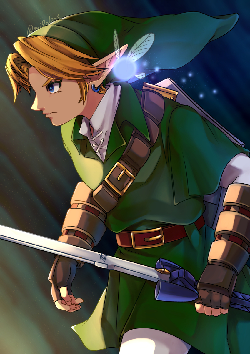 1boy absurdres belt belt_buckle blonde_hair blue_eyes brown_belt brown_gloves buckle closed_mouth cowboy_shot earrings fairy fingerless_gloves furrowed_brow gloves green_hat green_tunic hat highres holding holding_sword holding_weapon jewelry link male_focus master_sword mi9clous navi nintendo pants parted_bangs pointy_ears pointy_hat shield shield_on_back shirt short_hair sword the_legend_of_zelda the_legend_of_zelda:_ocarina_of_time tunic twitter_username upper_body weapon white_pants white_shirt