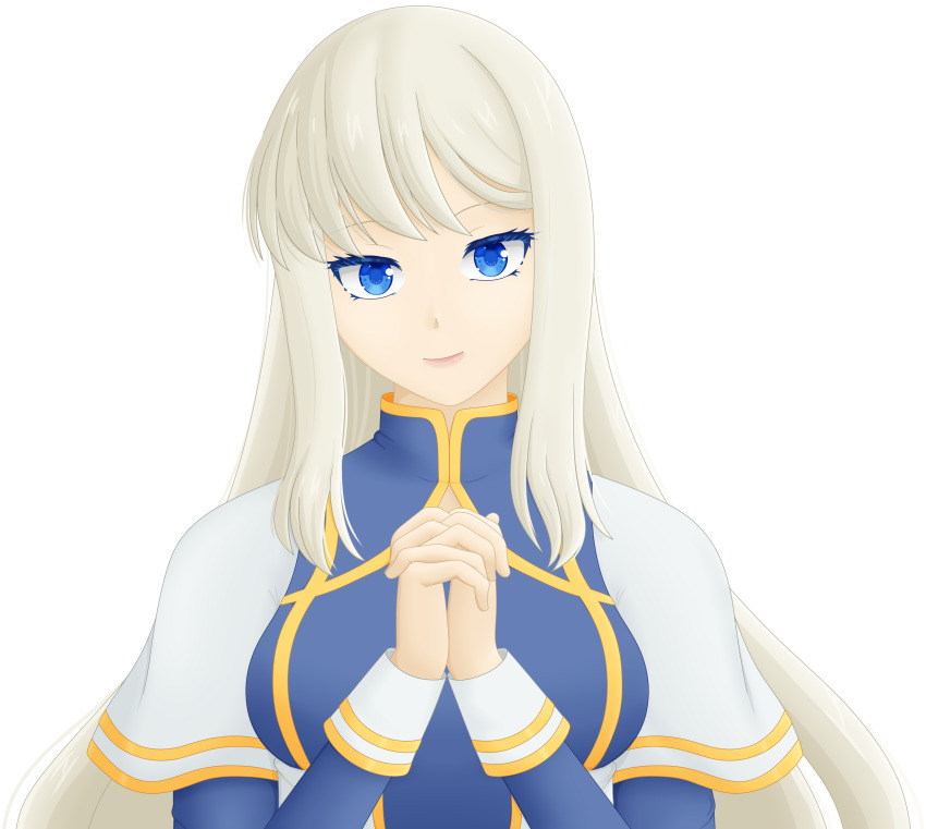 1girl absurdres blue_dress blue_eyes breasts capelet closed_mouth commission commissioner_upload dress head_tilt highres long_hair long_sleeves looking_at_viewer medium_breasts nemezish official_art own_hands_clasped own_hands_together selinanovalight smile solo two-tone_dress upper_body ways_of_darkness_(series) white_capelet white_dress white_hair