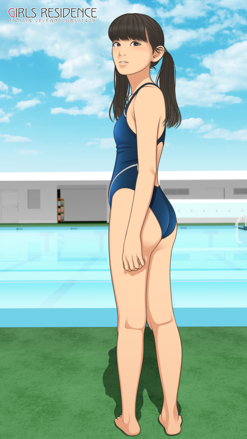 1girl absurdres ass bare_shoulders barefoot black_hair blue_sky blunt_bangs breasts brown_eyes cloud cloudy_sky competition_swimsuit day english_text highleg highleg_one-piece_swimsuit highres lips looking_at_viewer looking_back one-piece_swimsuit original outdoors ponytail pool poolside shinchou_ni_kansuru_kousatsu sky small_breasts solo swimsuit