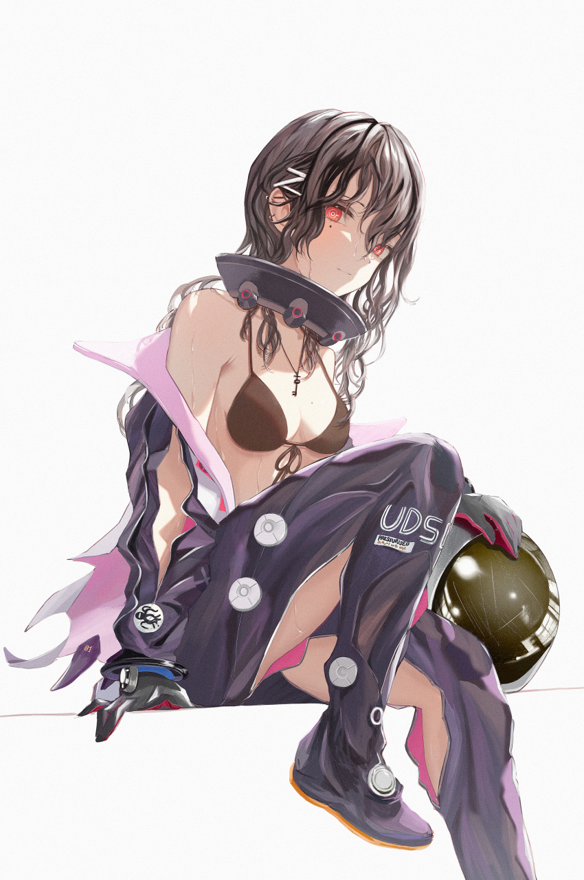 1girl absurdres bare_shoulders bikini bikini_under_clothes black_bikini black_gloves black_hair breasts diving_helmet diving_suit front-tie_bikini_top front-tie_top girls&#039;_frontline girls&#039;_frontline_neural_cloud gloves hair_between_eyes hair_ornament hairclip hatsuchiri_(neural_cloud) helmet highres holding holding_helmet jewelry key key_necklace knee_up light_smile long_hair looking_at_viewer mole mole_under_eye necklace off_shoulder red_eyes sitting small_breasts solo soondi swimsuit unworn_headwear unworn_helmet unzipped wet wet_hair