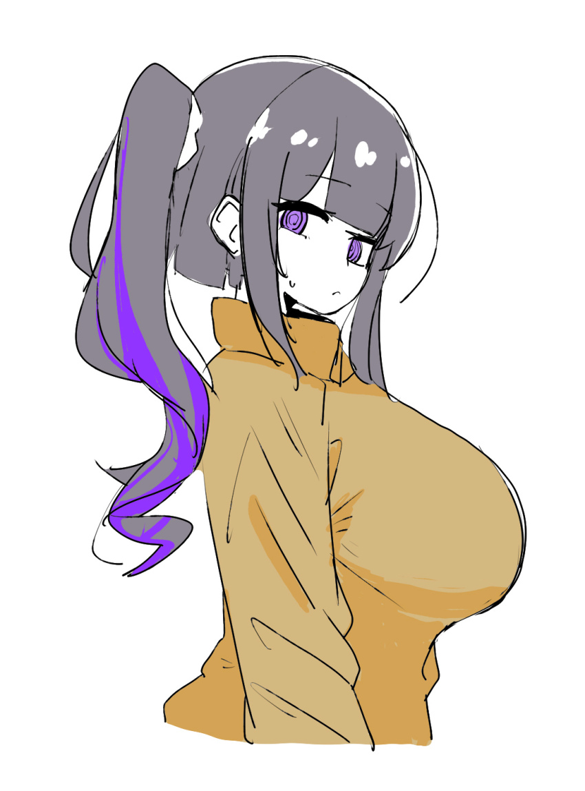 1girl @_@ black_hair blunt_bangs breasts brown_jacket closed_mouth from_side hair_ornament hair_scrunchie highres jacket large_breasts long_hair looking_at_viewer multicolored_hair purple_hair scrunchie side_ponytail sidelocks simple_background solo spacecrab streaked_hair sweatdrop vocaloid white_background white_scrunchie yomitan_akane