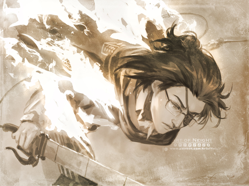 1girl aquiline_nose art_of_neight burning cloak closed_mouth collared_shirt cropped_legs crying eyepatch fire glasses hange_zoe high_ponytail holding holding_sword holding_weapon leaning_forward medium_hair nose paradis_military_uniform ponytail sepia shingeki_no_kyojin shirt short_ponytail solo survey_corps_(emblem) sword tears twitter_logo weapon