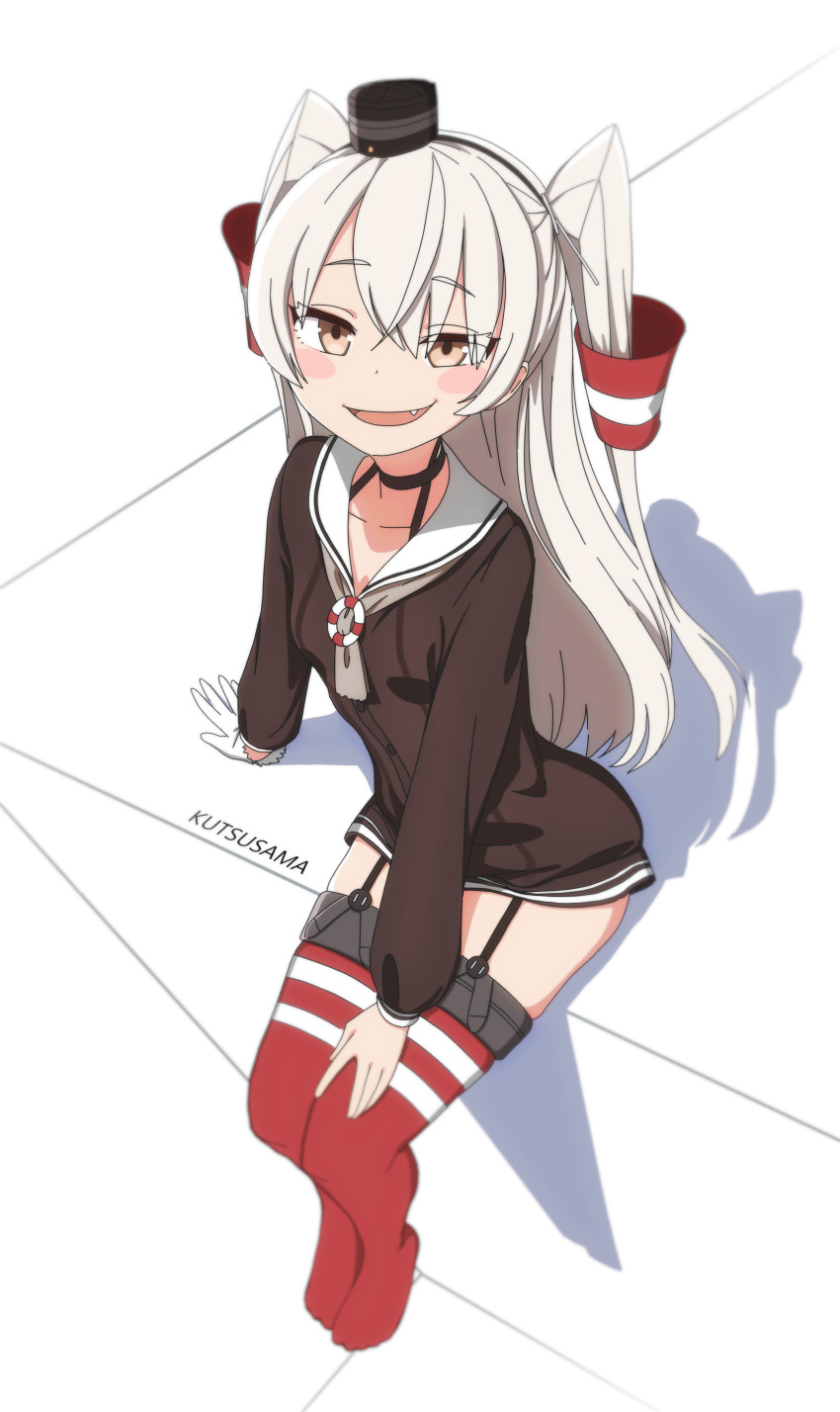 1girl absurdres amatsukaze_(kancolle) artist_name black_dress blush breasts commission dress fang garter_straps gloves hair_between_eyes hair_tubes highres kantai_collection kutsusama long_hair looking_at_viewer open_mouth pixiv_commission red_thighhighs sailor_collar sailor_dress shadow short_dress simple_background single_glove sitting small_breasts smug solo thighhighs two_side_up white_background white_gloves white_hair