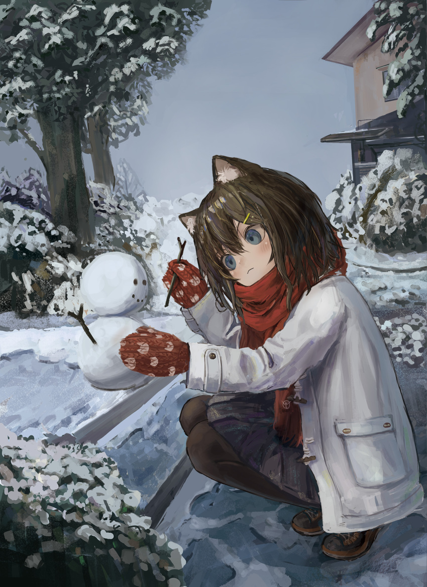1girl :&lt; animal_ear_fluff animal_ears black_pantyhose black_shoes blue_eyes blue_skirt brown_hair closed_mouth coat commentary_request duffel_coat full_body hair_between_eyes hair_ornament hairclip head_tilt highres holding holding_stick katamimi123 long_sleeves medium_hair mittens open_clothes open_coat original outdoors pantyhose red_mittens red_scarf scarf shoes skirt snow snowman solo squatting stick tree twig white_coat winter_clothes