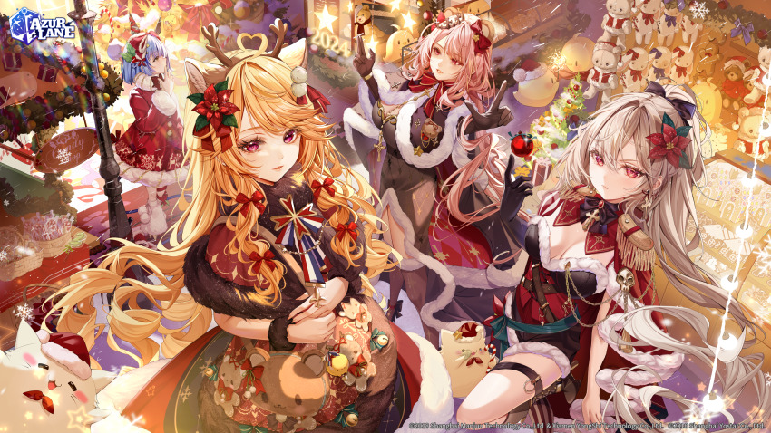 4girls ahoge alternate_costume animal_bag animal_ears antlers azur_lane bag basket bear_ears black_bow black_bowtie black_cape black_capelet black_dress black_footwear black_gloves black_shorts black_thighhighs blonde_hair blue_hair boots bow bowtie box breasts candy candy_cane cape capelet chain christmas christmas_ornaments christmas_tree cleavage clemenceau_(azur_lane) closed_mouth copyright_name cross cross_earrings cross_necklace crown dress drill_hair earrings epaulettes eyelashes fake_animal_ears fake_antlers feather_boa feet_out_of_frame flag_print flower food framed_breasts french_flag french_flag_print frown fur-trimmed_cape fur-trimmed_capelet fur-trimmed_dress fur-trimmed_shorts fur-trimmed_thighhighs fur_boots fur_trim gascogne_(azur_lane) gem gift gift_box gingerbread_house gloves grey_hair hair_between_eyes hair_bow hair_flower hair_ornament hair_ribbon hand_to_own_mouth handbag hat heart heart_ahoge high_heel_boots high_heels highres horns isari_sensei jean_bart_(azur_lane) jewelry logo long_hair looking_at_viewer manjuu_(azur_lane) medium_breasts meowfficer_(azur_lane) mini_crown multiple_girls necklace official_art parted_lips pink_hair pom_pom_(clothes) pom_pom_hair_ornament ponytail purple_eyes red_bow red_dress red_eyes red_gemstone reindeer_antlers ribbon richelieu_(azur_lane) santa_costume santa_dress santa_hat second-party_source short_hair short_shorts shorts skull_ornament smile snowflakes snowing standing standing_on_one_leg star_(symbol) striped_ribbon stuffed_animal stuffed_toy swept_bangs teddy_bear thigh_strap thighhighs tilted_headwear tress_ribbon underbust watermark white_footwear wrist_cuffs