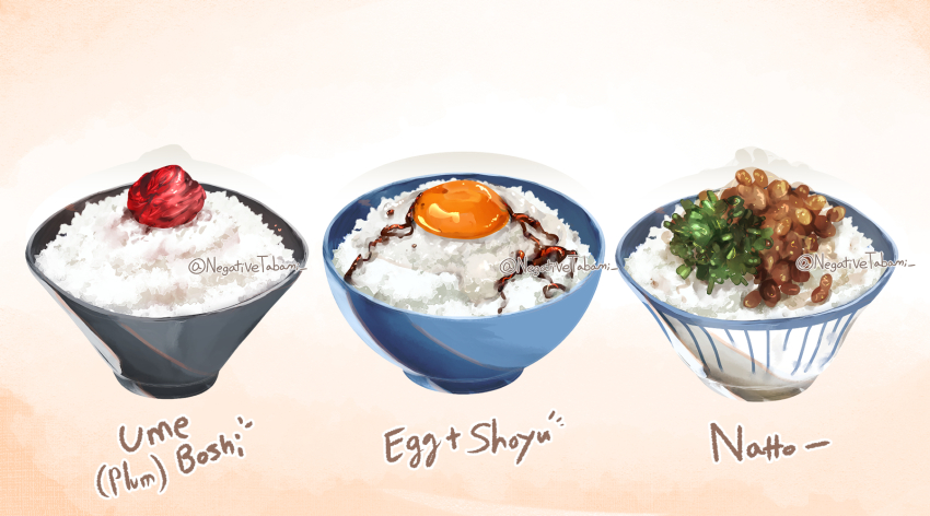 bowl egg_yolk food food_focus highres nattou negativetabami no_humans original plum rice rice_bowl