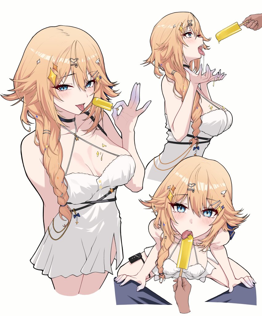 1boy 1girl absurdres black_choker blonde_hair blue_eyes blush braid breasts breasts_apart choker commentary diamond_hair_ornament double-parted_bangs dress english_commentary fellatio food hair_between_eyes hair_ornament hair_over_shoulder hairclip hand_up hands_up heart heart_hair_ornament highres holding holding_food holding_popsicle hood_(james_x) kaneko_lumi large_breasts long_bangs long_hair looking_at_viewer multiple_views ok_sign oral out_of_frame palms parallel_hairclips phase_connect popsicle saliva saliva_trail second-party_source short_dress simple_background simulated_fellatio sleeveless sleeveless_dress squatting standing tongue tongue_out virtual_youtuber white_background white_dress
