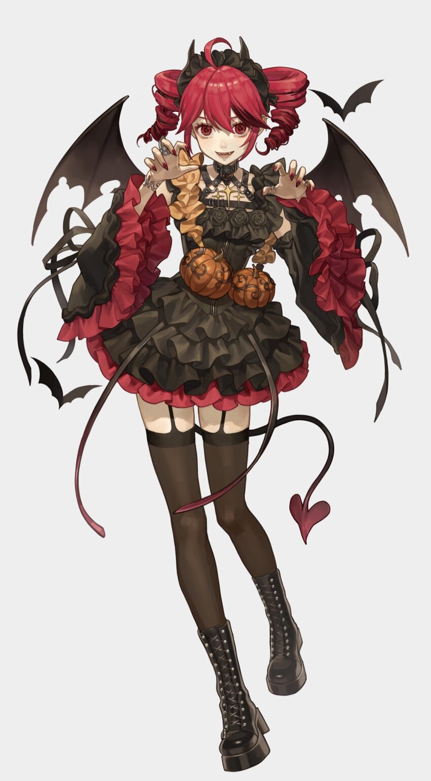 1girl ahoge animal bat_(animal) black_boots black_dress black_hairband black_ribbon black_sleeves black_thighhighs blush boots claw_pose demon_horns demon_tail demon_wings detached_sleeves double-parted_bangs dress drill_hair fake_horns fangs frilled_dress frilled_hairband frilled_sleeves frills full_body garter_belt grey_background hair_between_eyes hairband halloween halloween_costume hands_up highres horns jewelry kasane_teto kasane_teto_(halloween) kasane_teto_(sv) knee_boots lace-up_boots lips official_alternate_costume official_art open_mouth pumpkin pumpkin_ornament red_eyes red_hair ribbon ring sakauchi_waka short_dress simple_background smile solo synthesizer_v tail teeth thighhighs tongue twin_drills utau wings