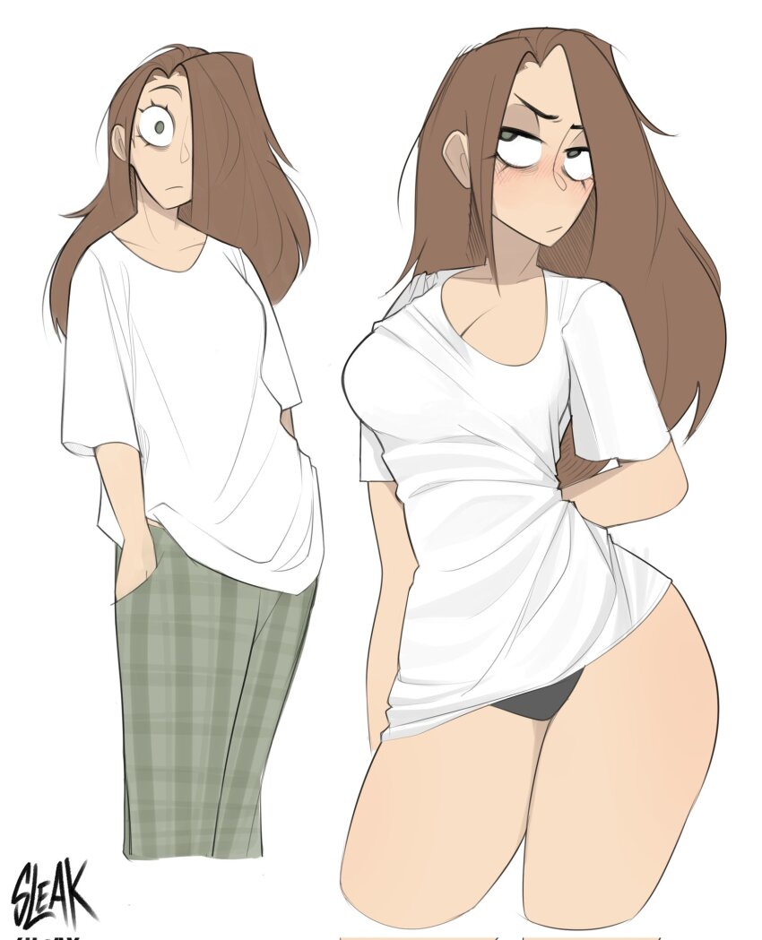 1girl arm_behind_back black_panties breasts brown_hair cleavage collarbone commentary green_eyes green_pants hands_in_pockets highres long_hair looking_at_viewer looking_to_the_side medium_breasts multiple_views no_pants one_eye_covered original pajamas_challenge_(meme) panties pants plaid_clothes plaid_pants shirt signature simple_background sleak standing symbol-only_commentary thighhighs underwear white_background white_shirt