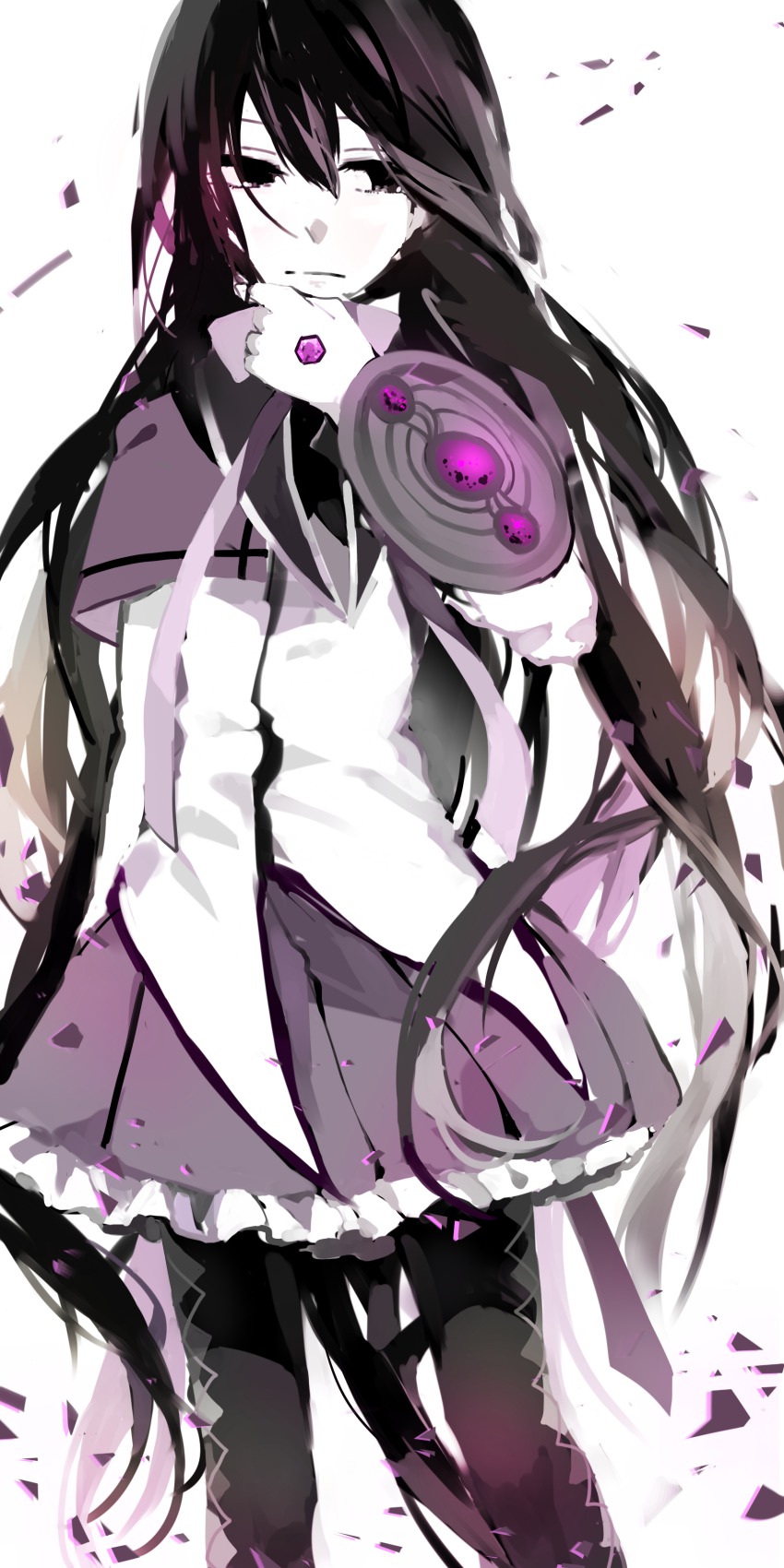 10s 1girl absurdres akemi_homura akemi_homura_(magical_girl) black_hair black_pantyhose faux_traditional_media female_focus frills hand_on_own_chin highres long_hair mahou_shoujo_madoka_magica mahou_shoujo_madoka_magica_(anime) pantyhose simple_background solo very_long_hair white_background zgxuke