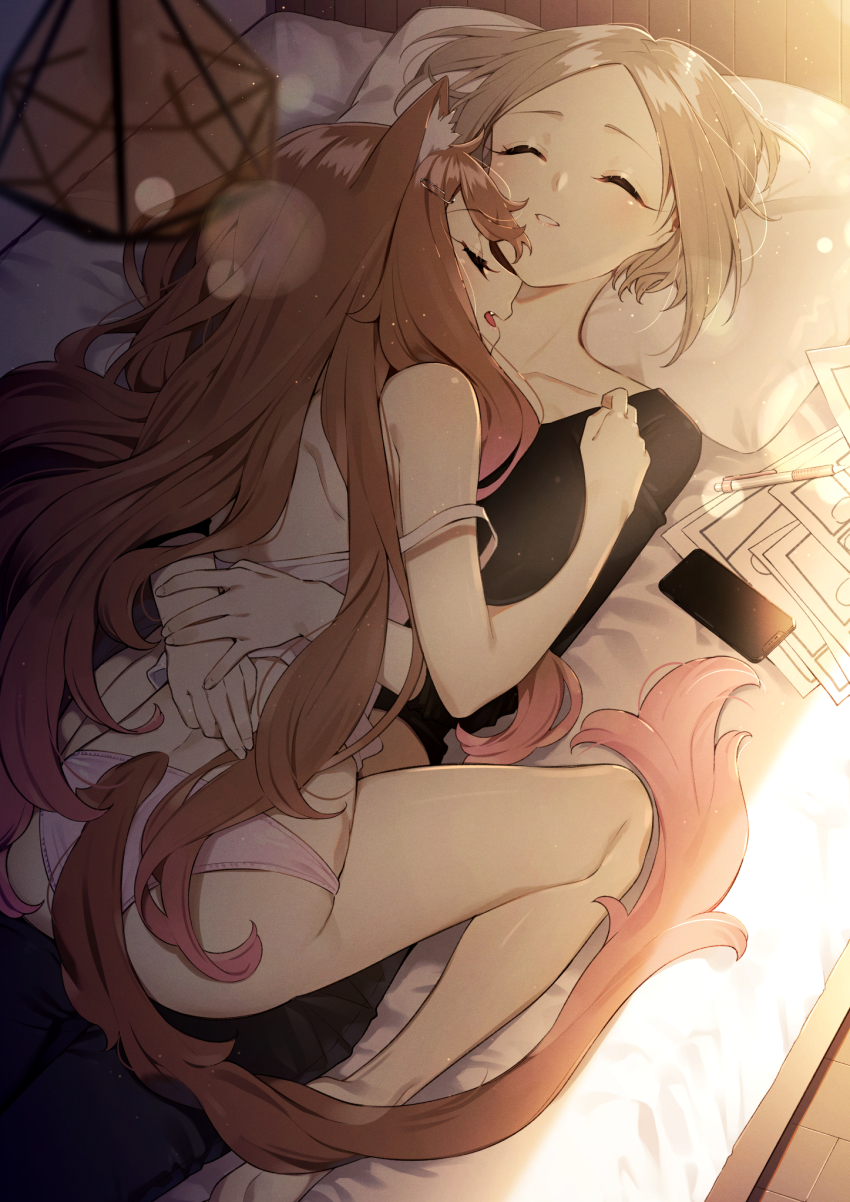 2girls animal_ear_fluff animal_ears ass bare_arms bare_legs bare_shoulders barefoot black_shirt blue_pants blush brown_hair camisole cellphone closed_eyes commentary_request fang forehead girl_on_top highres long_hair multiple_girls on_bed open_mouth original panties pants parted_bangs parted_lips phone pillow pink_panties sakuragi_ren shirt strap_slip tail underwear underwear_only very_long_hair white_camisole