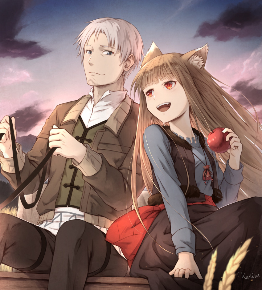 1boy 1girl :d animal_ears apple artist_name beard_stubble black_pants black_skirt blue_shirt brown_hair brown_jacket brown_vest carriage craft_lawrence dress facial_hair food fruit grey_eyes highres holding holding_food holding_fruit holo jacket khell long_hair open_mouth outdoors pants pouch red_eyes reins shirt sitting skirt smile spice_and_wolf stubble vest wheat white_hair white_shirt wolf_ears