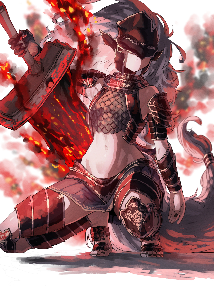 1girl absurdres armor armpits bare_shoulders black_nails breasts chainmail closed_mouth commentary covered_eyes ekrea_jan elden_ring fire flaming_sword flaming_weapon full_body genderswap genderswap_(mtf) grey_hair helmet helmet_over_eyes highres holding holding_sword holding_weapon huge_weapon long_hair magic maliketh_the_black_blade midriff miniskirt navel personification pleated_skirt shadow skirt small_breasts solo squatting sword tail tiptoes very_long_hair weapon white_background wide_hips
