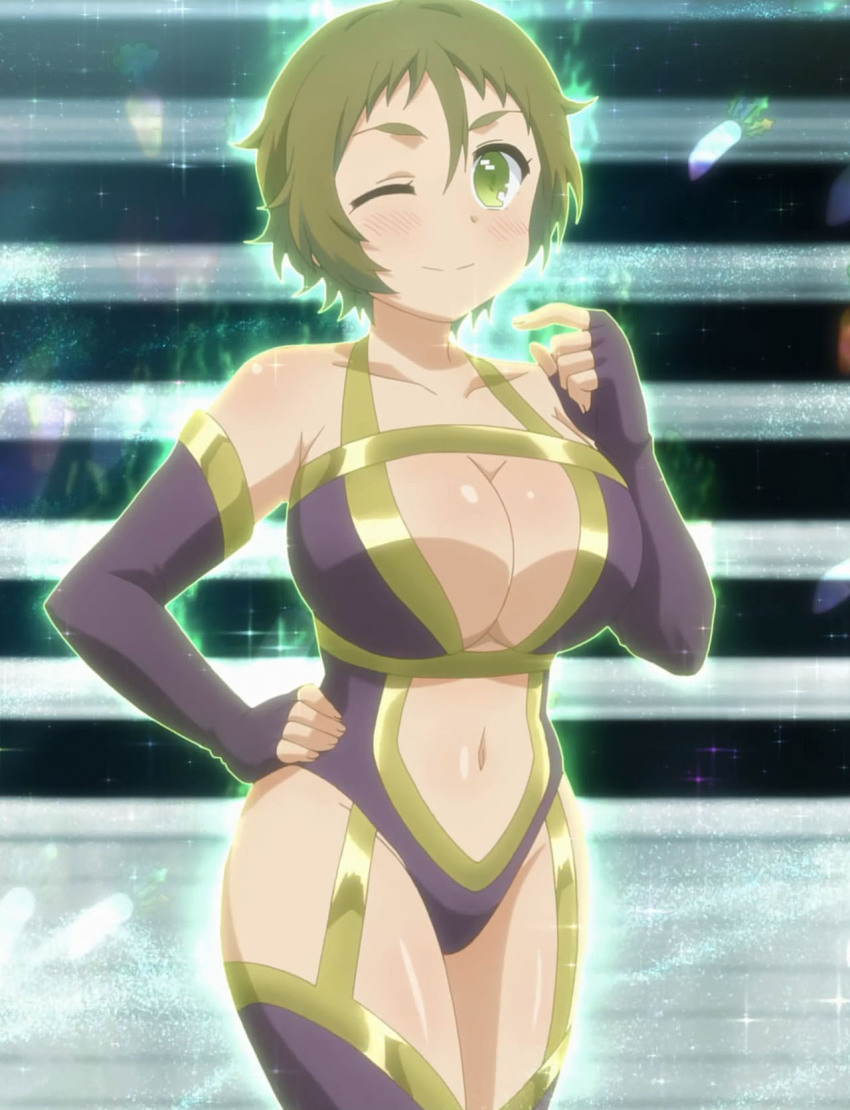 10s 1girl armor bikini boots breasts cleavage female_focus glowing green_eyes green_hair highres matching_hair/eyes nakazawa_minori navel no-rin one_eye_closed screencap short_hair smile solo sparkle swimsuit thigh_boots thighhighs wink