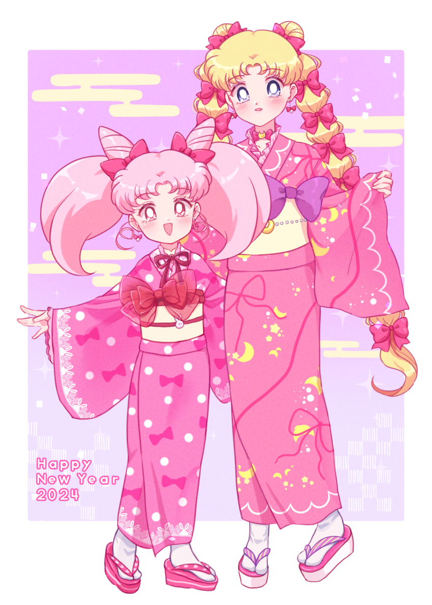 2024 2girls :d artist_request bishoujo_senshi_sailor_moon blonde_hair blue_eyes blush bow chibi_usa crescent crescent_moon double_bun hair_bow hair_bun hair_ornament happy_new_year japanese_clothes kimono long_hair long_sleeves moon mother_and_daughter mother_and_daughter_(lore) multiple_girls new_year open_mouth pink_kimono sailor_chibi_moon sailor_moon smile tsukino_usagi