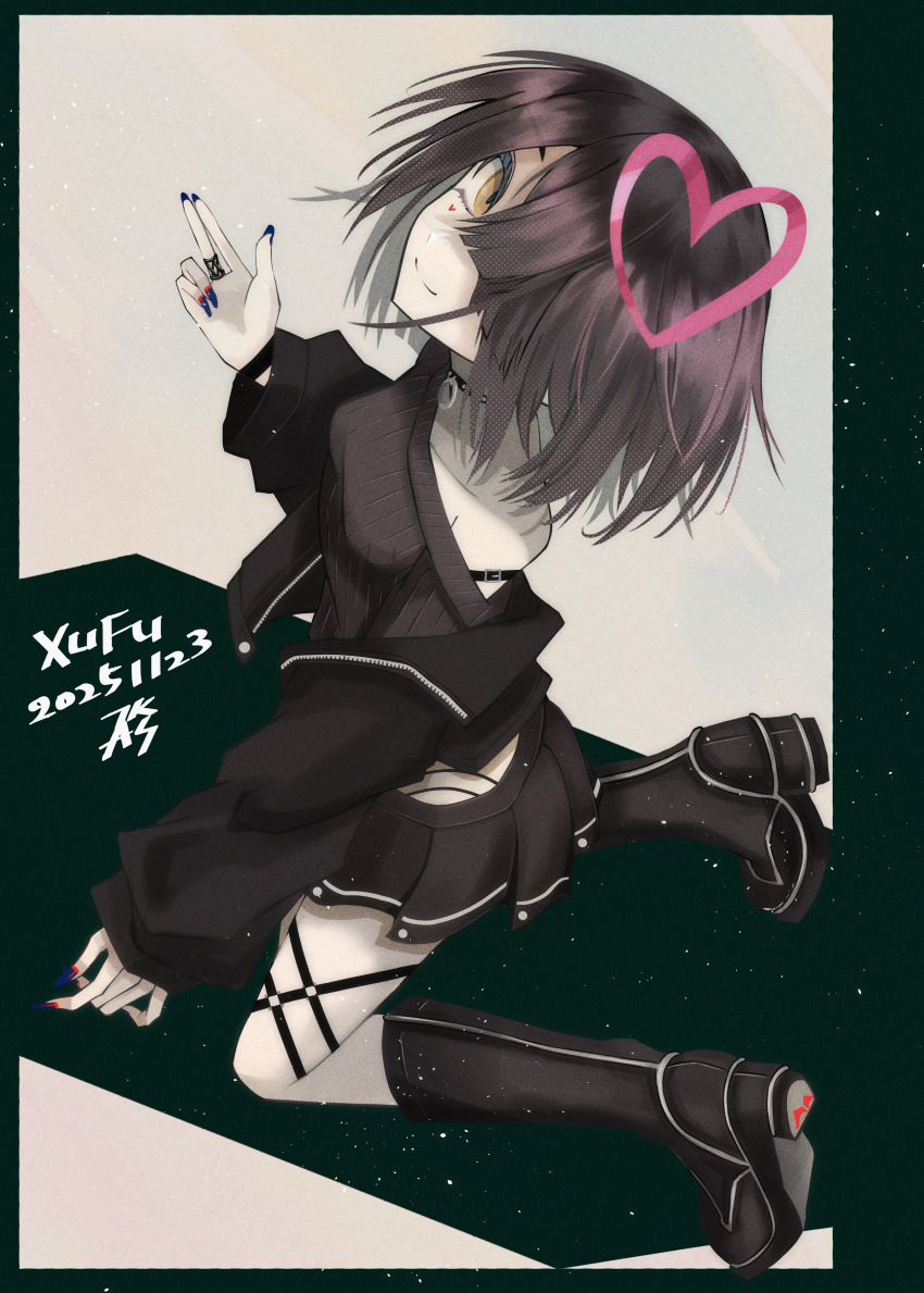 1girl absurdres bare_shoulders black_boots black_hair black_jacket black_skirt black_sweater boots breasts brown_eyes commentary_request fate/grand_order fate_(series) hair_over_one_eye heart highres jacket knee_boots long_sleeves looking_at_viewer miniskirt mole mole_under_eye off_shoulder short_hair skirt small_breasts smile solo sweater tsukaasa xu_fu_(fate)