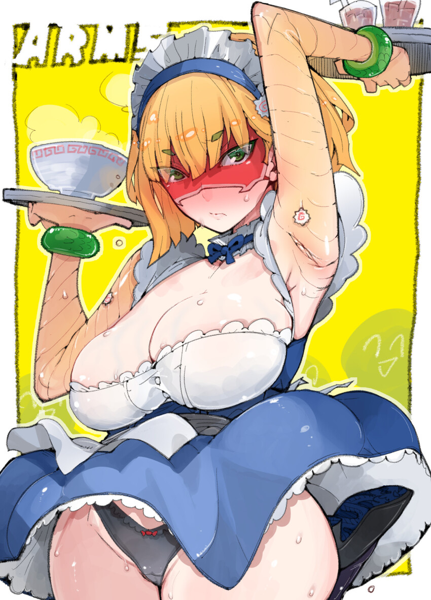 1girl @_@ apron armpits arms_(game) black_panties blonde_hair blush bob_cut bow bow_panties bowl bracelet breasts domino_mask dress green_eyes holding holding_tray jewelry large_breasts maid maid_apron maid_headdress mask min_min_(arms) panties short_hair solo sweat sweatdrop takayama_toshinori thick_thighs thighs tray underwear veins veiny_breasts