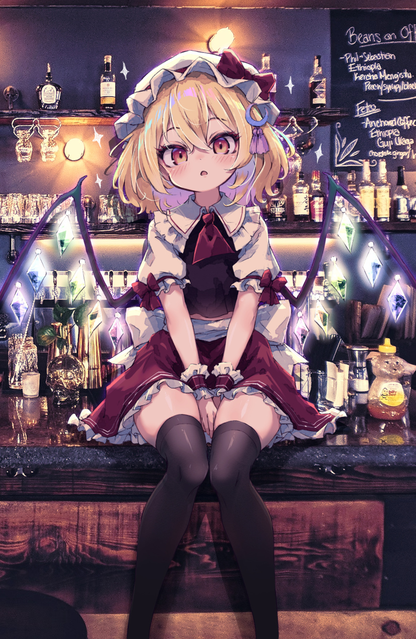 1girl ascot bar_(place) black_thighhighs blonde_hair crystal flandre_scarlet hat highres indoors kolshica mob_cap photo_background red_ascot red_shirt red_skirt shirt sitting skirt solo thighhighs touhou white_hair wings