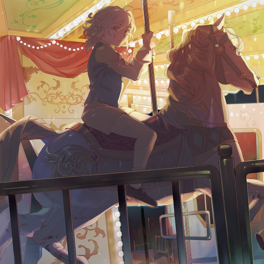 1178801032 1boy aged_down ai_the_somnium_files backlighting blonde_hair carousel child expressionless green_eyes highres holding holding_pole in-universe_location long_sleeves male_focus medium_hair pole ponytail sejima_saito shirt short_ponytail shorts sitting sitting_on_object solo vest waistcoat white_shirt