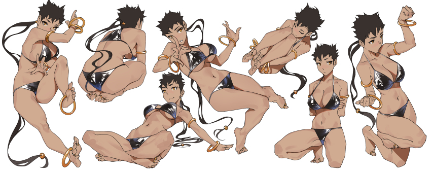 1girl anklet armlet ass barefoot bikini black_bikini black_hair bracelet breasts closed_eyes dark-skinned_female dark_skin feet full_body highres jewelry large_breasts multiple_views navel original ponytail short_hair solo_focus swimsuit tbocart thighs toe_ring yellow_eyes