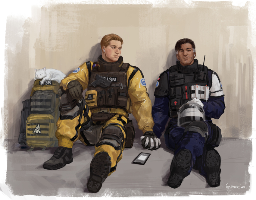 2boys arm_on_knee belt_pouch black_gloves black_hair blonde_hair blue_pants boots bulletproof_vest cat closed_eyes closed_mouth commentary couple crossed_legs dark-skinned_male dark_skin defibrillator doc_(rainbow_six_siege) english_commentary gign gloves grey_hair helmet helmet_in_lap holding_hands interlocked_fingers jumpsuit knee_pads knee_up lion_(rainbow_six_siege) long_sleeves looking_to_the_side male_focus military_combat_uniform military_uniform multicolored_hair multiple_boys outstretched_leg pants pouch rainbow_six_siege side-by-side sitting streaked_hair sun_stark walkie-talkie white_cat white_gloves yaoi yellow_jumpsuit