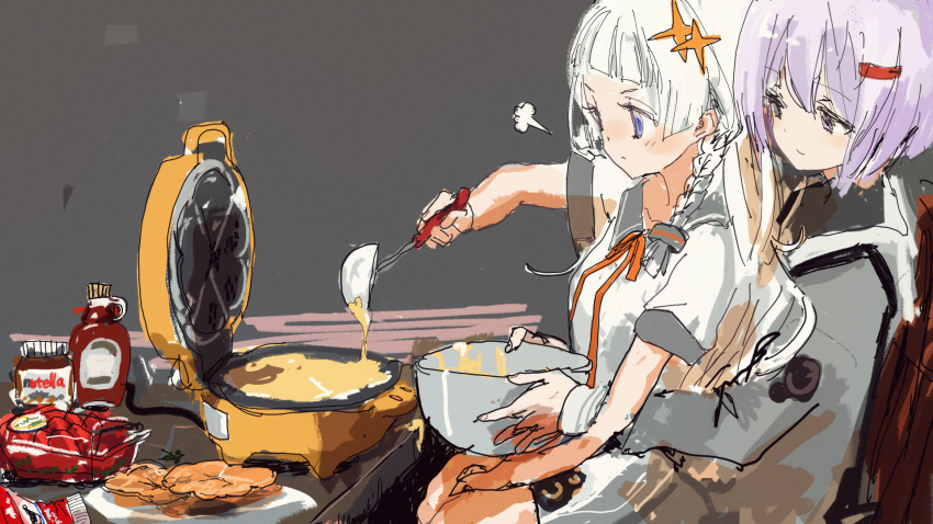 2girls :&lt; a.i._voice baking batter blue_eyes blunt_bangs bottle bowl chair closed_mouth commentary_request feet_out_of_frame food from_side fruit grey_background grey_shirt hair_ornament hairclip highres holding holding_bowl holding_ladle kabuyama_kaigi kizuna_akari kizuna_akari_(tsubomi) ladle looking_at_another maple_syrup multiple_girls nutella on_chair pouring puff_of_air purple_eyes purple_hair school_uniform serafuku shirt short_hair short_sleeves simple_background sitting sitting_on_lap sitting_on_person skirt smile sparkle_hair_ornament strawberry v-shaped_eyebrows voiceroid waffle_maker white_hair white_shirt white_skirt yuzuki_yukari yuzuki_yukari_(shizuku)