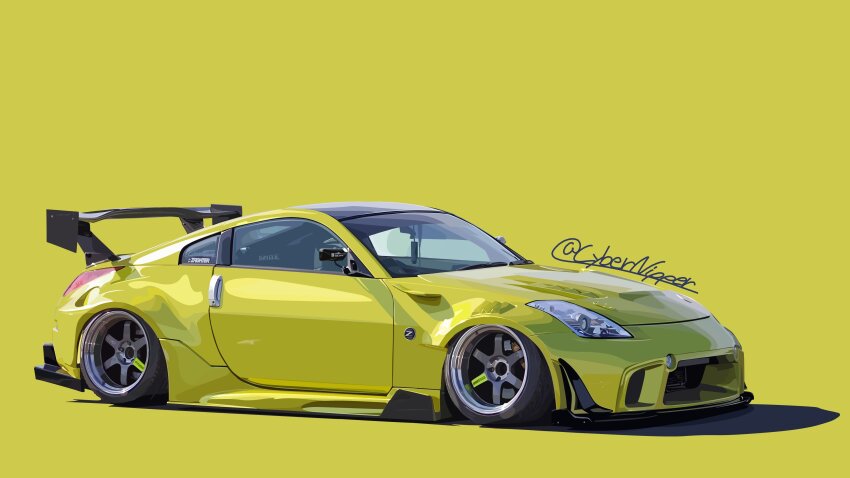 absurdres car cybernipper highres motor_vehicle nissan nissan_350z nissan_fairlady_z no_humans original shadow simple_background sports_car stance_(vehicle) vehicle_focus yellow_background yellow_car yellow_theme