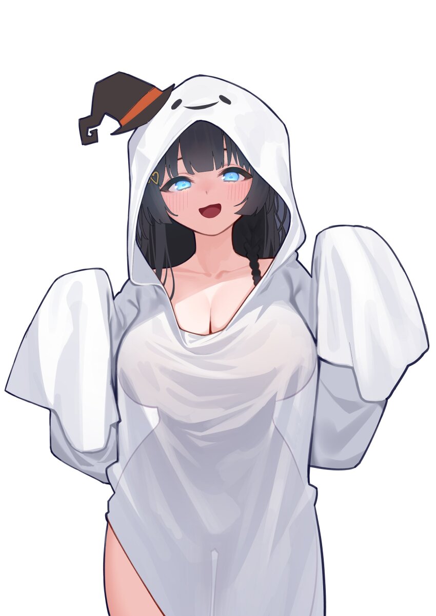 1girl absurdres black_hair blue_eyes bra_strap breasts cleavage cowboy_shot hands_up hat highres hood hoodie large_breasts long_hair long_sleeves looking_at_viewer open_mouth sangobob see-through_silhouette shirayuki_hina simple_background sleeves_past_fingers sleeves_past_wrists smile solo stellive virtual_youtuber white_background white_hood white_hoodie witch_hat