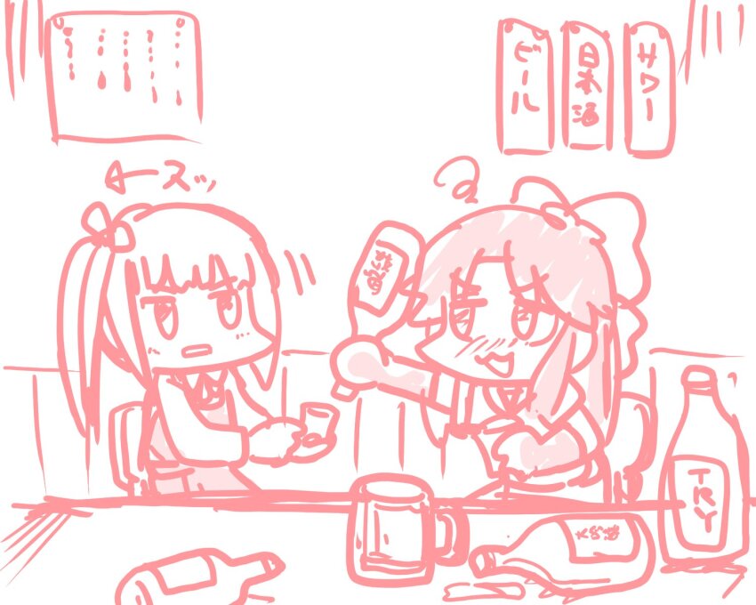2girls beer_mug bottle bow commentary_request cup dress drunk ferret-san gloves hair_bow highres jintsuu_(kancolle) kantai_collection kasumi_(kancolle) kasumi_kai_ni_(kancolle) long_hair monochrome mug multiple_girls pinafore_dress red_theme school_uniform serafuku sleeveless sleeveless_dress translation_request