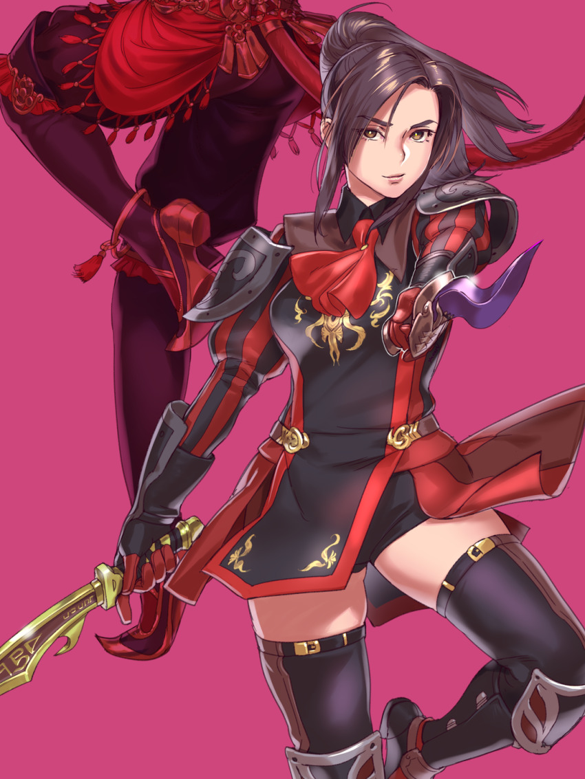2girls ascot black_hair black_legwear bright_pupils brown_eyes cat_tail dagger dual_wielding final_fantasy final_fantasy_xi gloves highres holding holding_dagger holding_knife holding_weapon hume juliet_sleeves knife long_hair long_sleeves looking_at_viewer mithra_(ff11) multiple_girls pink_background ponytail puffy_sleeves puppetmaster red_ascot red_mage_(final_fantasy) solo_focus striped_sleeves tail thighhighs vertical_stripes weapon white_pupils yuccoshi zettai_ryouiki
