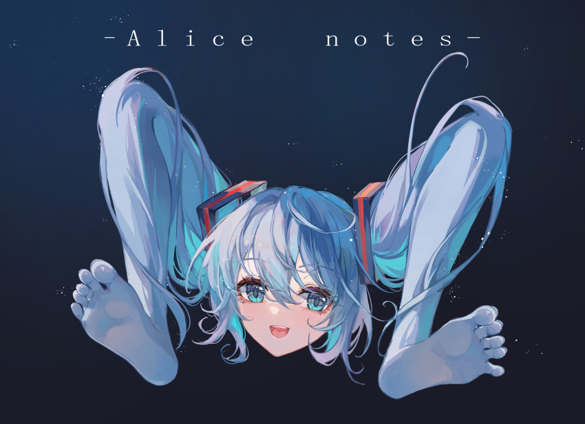 1girl absurdres barefoot blue_eyes blue_hair commentary_request full_body grey_background hair_between_eyes hair_ornament hatsune_miku highres lixiang_guo_alice long_bangs long_hair looking_at_viewer open_mouth shiteyan&#039;yo smile soles solo toes twintails vocaloid what