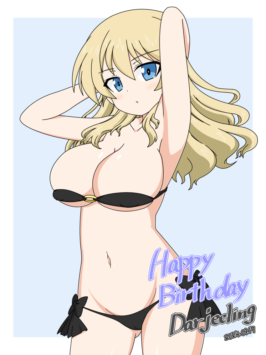 1girl alternate_hairstyle arms_behind_head bare_shoulders bikini blonde_hair blue_background blue_eyes bow bow_bikini breasts character_name cleavage commentary cowboy_shot darjeeling_(girls_und_panzer) dated english_text girls_und_panzer groin hair_down happy_birthday highres ichinose_jun large_breasts long_hair looking_at_viewer lowleg lowleg_bikini navel o-ring o-ring_bikini skindentation solo standing swimsuit
