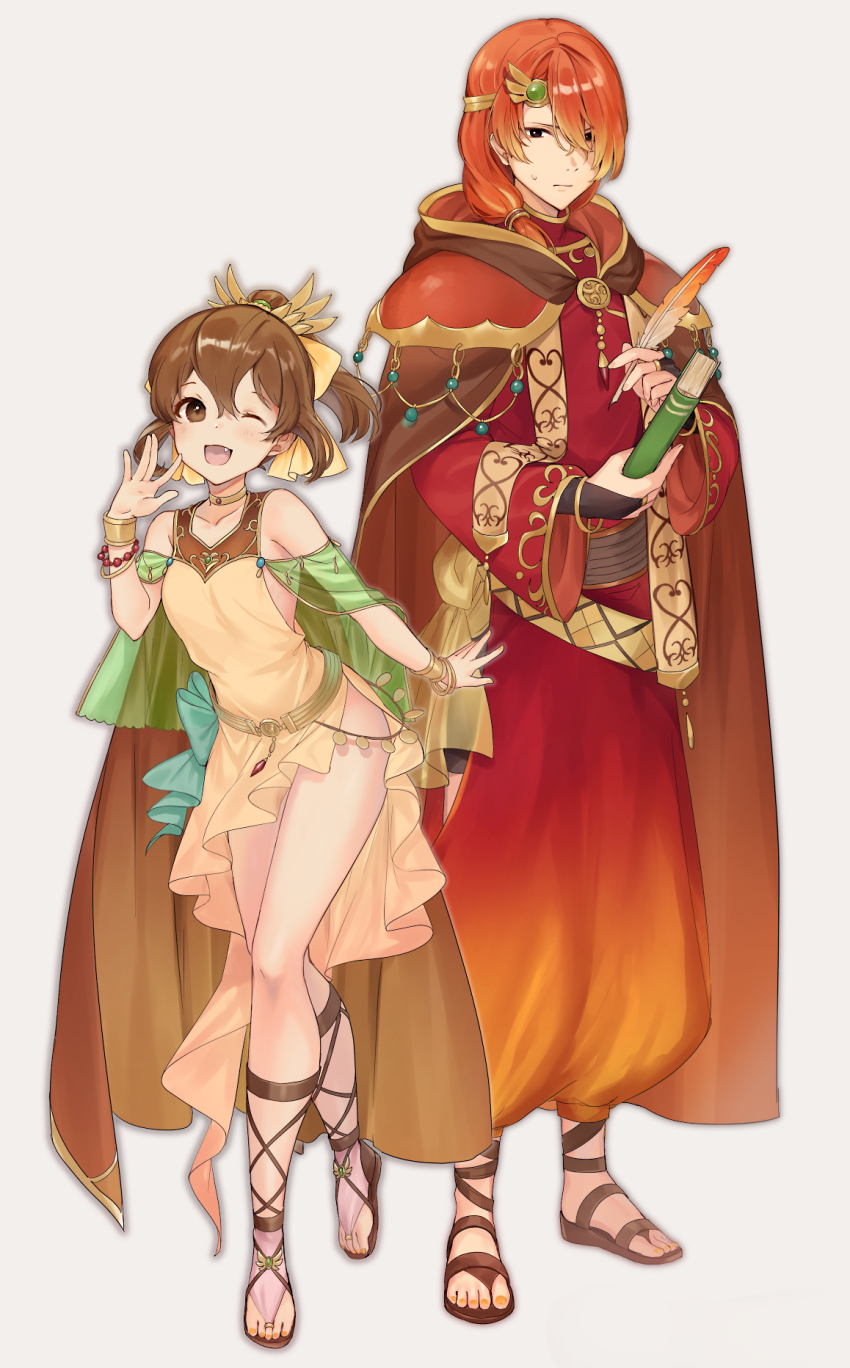 1boy 1girl ;d alternate_costume arm_up bangle bare_shoulders bead_bracelet beads belt book bow bracelet bridal_legwear brother_and_sister brown_cape brown_eyes brown_footwear brown_hair cape choker criss-cross_strings delthea_(fire_emblem) dress fang fingernails fire_emblem fire_emblem_echoes:_shadows_of_valentia full_body green_bow green_sleeves grey_background hair_between_eyes hair_ornament hair_over_one_eye hair_ribbon haru_(nakajou-28) highres holding holding_book holding_quill jewelry long_sleeves looking_at_viewer luthier_(fire_emblem) nintendo one_eye_closed open_mouth orange_hair ponytail quill ribbon sandals see-through_clothes see-through_sleeves siblings side_slit simple_background smile standing sweatdrop walking wide_sleeves wing_hair_ornament yellow_dress yellow_ribbon