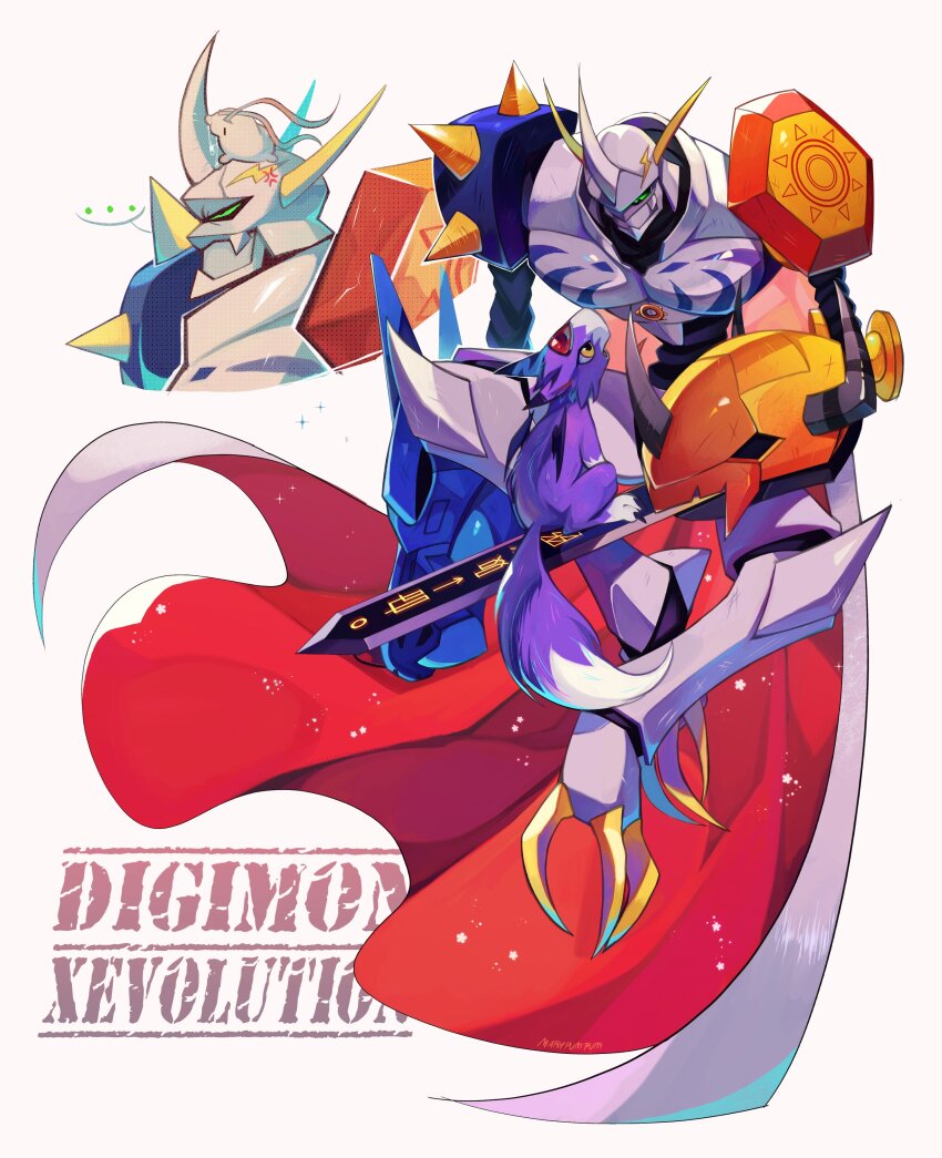 absurdres cape digimoji digimon digimon_(creature) digital_monster_x-evolution dorumon highres looking_at_another omegamon sword tokomon weapon