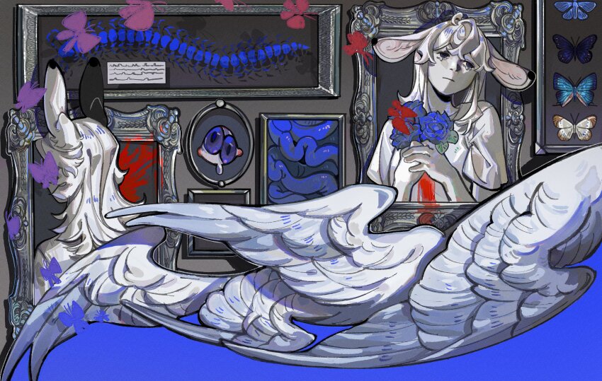 1boy 1girl absurdres august_(crrn) blood blue_eyes blue_flower blue_rose bug butterfly centipede chloe_(crrn) colored_skin extra_pupils feathered_wings floppy_ears flower highres insect intestines multiple_wings niatery original rose white_hair white_skin wings