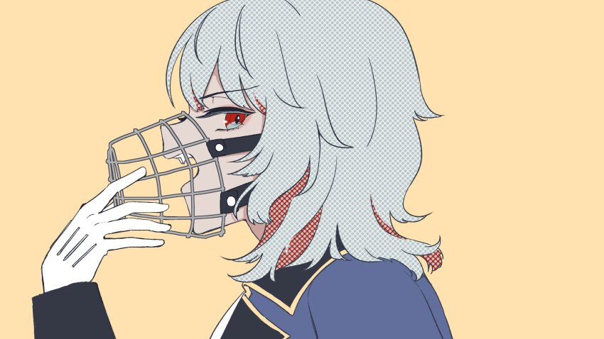 1boy ascot blue_coat coat fang from_side gloves hashikko69 highres looking_at_viewer mask mask_pull meme mouth_mask muzzle_(mask) open_mouth red_eyes serious short_hair tsukihime tsukihime_(remake) vampire vampire_(vocaloid) vlov_arkhangel white_ascot white_gloves white_hair