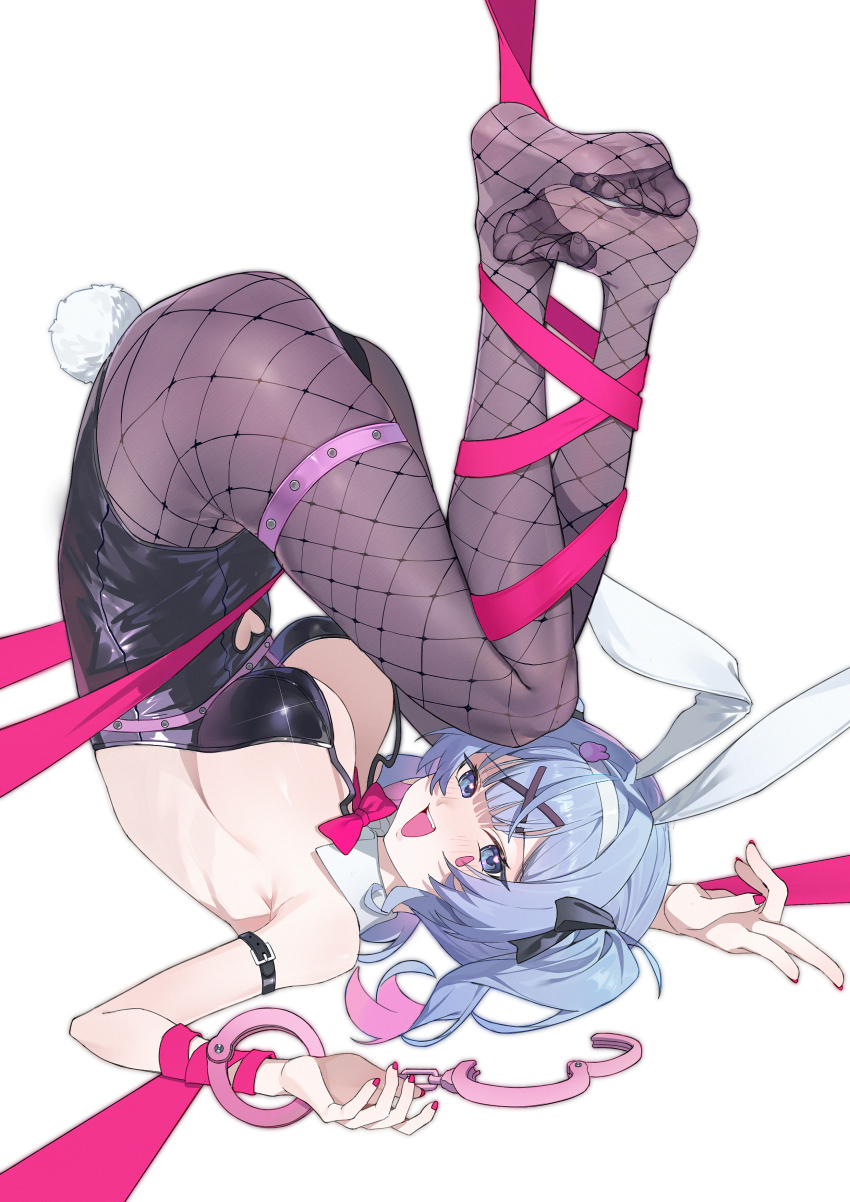 1girl absurdres animal_ears arm_belt arm_ribbon black_leotard black_pantyhose blue_eyes blue_hair blush bow bowtie breasts clothing_cutout commentary_request detached_collar fake_animal_ears fake_tail fishnet_pantyhose fishnets hair_ornament halter_leotard halterneck handcuff_dangle hatsune_miku heart heart_cutout heart_in_eye highleg highleg_leotard highres large_breasts leg_ribbon leotard looking_at_viewer lushi_jin_up nail_polish no_shoes open_mouth pantyhose pink_bow pink_bowtie pink_nails pink_ribbon playboy_bunny rabbit_ears rabbit_hole_(vocaloid) rabbit_tail ribbon simple_background soles solo stomach_cutout symbol_in_eye tail teardrop_facial_mark teeth thigh_strap upper_teeth_only upside-down v vocaloid white_background x_hair_ornament