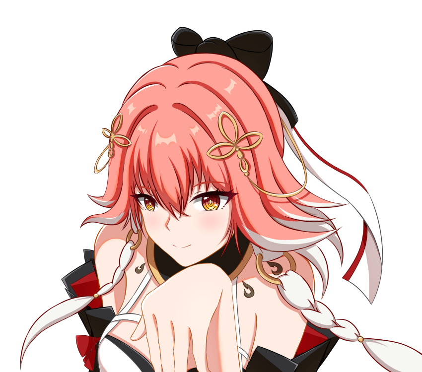 1girl absurdres awei bare_shoulders bow braid breasts changli_(wuthering_waves) closed_mouth hair_between_eyes hair_ornament highres long_hair looking_at_viewer multicolored_hair pink_hair simple_background smile solo white_background white_hair wuthering_waves yellow_eyes
