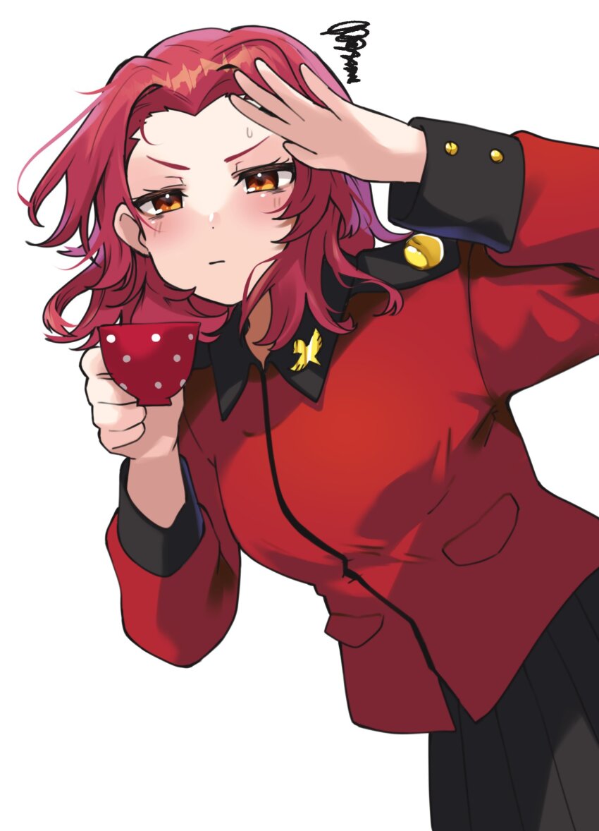 1girl arm_up black_skirt blush breasts closed_mouth collared_jacket cup girls_und_panzer hand_up highres holding holding_cup jacket jitome long_sleeves orange_eyes red_hair red_jacket rosehip_(girls_und_panzer) shading_eyes short_hair simple_background skirt small_breasts solo squiggle st._gloriana&#039;s_military_uniform sweatdrop teacup upper_body v-shaped_eyebrows white_background zono_(inokura_syuzo029)