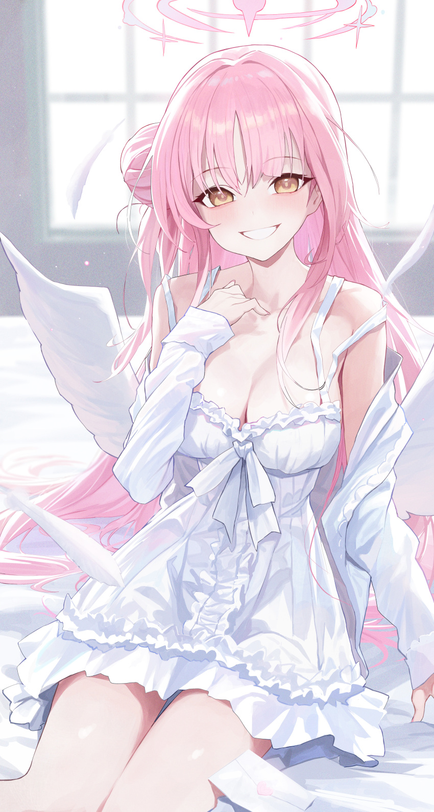 1girl absurdres alternate_costume bare_shoulders blue_archive blush breasts cardigan cleavage dress feathered_wings grin hair_bun highres large_breasts long_hair looking_at_viewer mika_(blue_archive) pink_hair re_naya sidelocks single_side_bun sitting smile solo white_cardigan white_dress wings yellow_eyes
