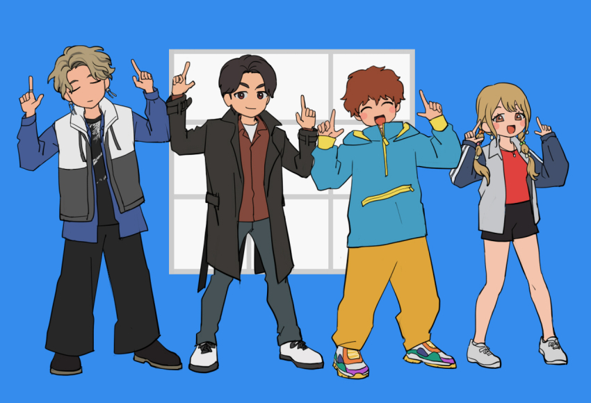 1girl 3boys adk-em amane_sachika azkn bandai bandai_namco black_jacket blonde_hair blue_hoodie brown_eyes brown_hair closed_eyes earrings full_body hood hoodie inoue_shouma ishimori_prod jacket jewelry kamen_rider kamen_rider_gavv_(series) karakida_hanto lakia_amarga long_hair multiple_boys open_mouth pants short_hair shouma_(kamen_rider_gavv) shouma_stomach shouma_stomach simple_background smile toei_company tokusatsu tv_asahi two-tone_hoodie yellow_pants