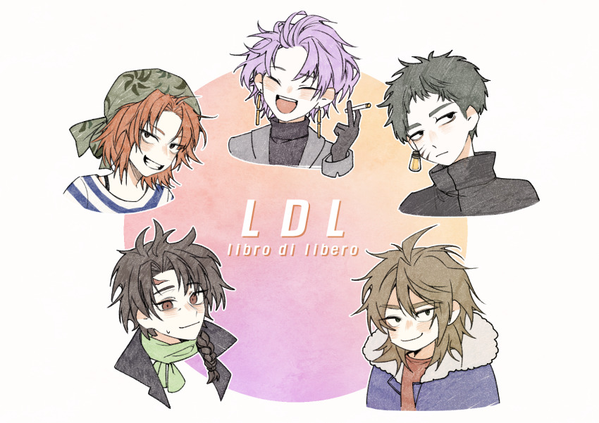 1girl 4boys ahoge annie_(saibou_shinkyoku) black_eyes black_gloves black_hair black_jacket black_sweater blue_jacket blush braid brown_eyes brown_hair cigarette closed_eyes closed_mouth commentary_request curtained_hair dreyfus_zweig earrings fur-trimmed_jacket fur_trim gloves green_eyes grey_jacket grin hair_between_eyes harada_minoru high_collar highres holding holding_cigarette isoi_reiji jacket jewelry korean_commentary medium_hair multiple_boys open_mouth orange_hair parted_bangs pink_hair red_shirt saibou_shinkyoku sanpaku shirt short_hair side_braid single_braid smile sweat sweater teeth theodore_riddle turtleneck turtleneck_sweater upper_teeth_only yull_gok