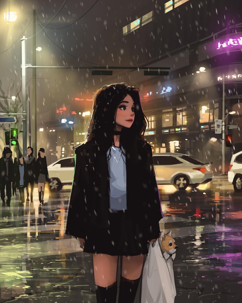 1girl baby_animal bag black_choker black_eyes black_hair black_jacket black_skirt black_socks building car choker closed_mouth commentary crosswalk dog english_commentary feet_out_of_frame highres holding holding_bag jacket kneehighs lamppost lipstick long_hair looking_to_the_side makeup miniskirt motor_vehicle neon_lights night open_clothes open_jacket orange_fur original outdoors parted_bangs pedestrian_lights people pleated_skirt puppy rain road road_sign sam_yang shirt shirt_tucked_in sidelocks sign skirt sleeves_past_wrists smile socks solo_focus street urban walking white_bag white_car white_shirt window