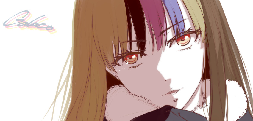 1girl absurdres black_gloves brown_eyes brown_hair character_name close-up coat commentary fur-trimmed_coat fur_trim galaco galaco_(neo) gloves hand_on_own_chin highres light_smile long_hair looking_at_viewer multicolored_hair open_mouth portrait sidelighting solo streaked_hair tarokazu vocaloid