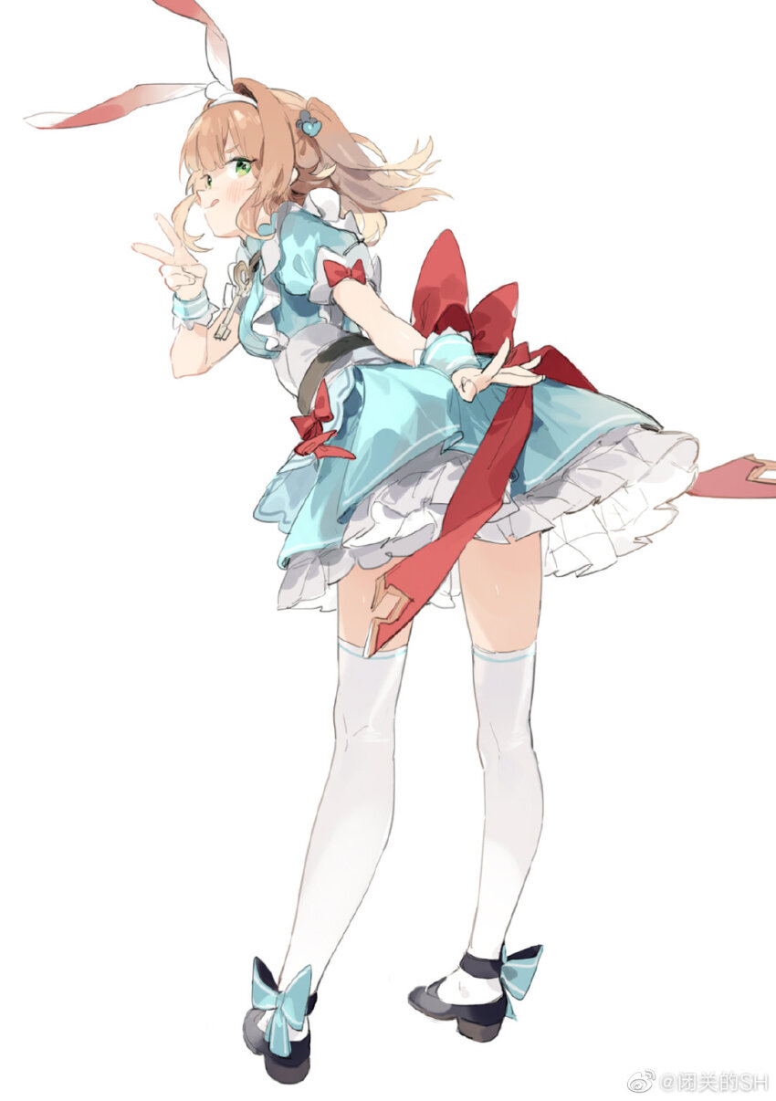 1girl animal_ear_hairband animal_ears ankle_bow ankle_ribbon apron back_bow bear_hair_ornament black_shoes blue_bow blue_dress blue_wrist_cuffs bow bow_apron brown_hair chinese_commentary commentary_request dress fake_animal_ears fern frilled_dress frilled_wrist_cuffs frills from_behind full_body green_eyes hair_between_eyes hair_intakes hair_ornament hairband highres leaning_forward long_hair looking_at_viewer looking_back mary_janes neck_ribbon original pleated_dress ponytail puffy_short_sleeves puffy_sleeves rabbit_ear_hairband rabbit_ears red_bow ribbon sh_(shinh) shoes short_dress short_sleeves simple_background sleeve_bow solo striped_bow striped_clothes striped_wrist_cuffs thighhighs v watermark weibo_watermark white_apron white_background white_hairband white_ribbon white_thighhighs wrist_cuffs
