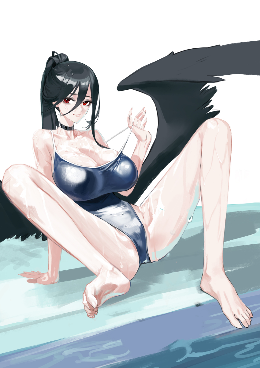 062_arts 1girl absurdres bare_shoulders barefoot black_hair black_wings blue_archive blue_one-piece_swimsuit breasts choker cleavage clothes_pull collarbone commission feathered_wings groin_tendon hair_between_eyes hasumi_(blue_archive) highres large_breasts long_hair long_hair_between_eyes looking_at_viewer low_wings mole mole_under_eye no_halo one-piece_swimsuit one-piece_swimsuit_pull ponytail red_eyes school_swimsuit solo swimsuit thighs very_long_hair wet wings