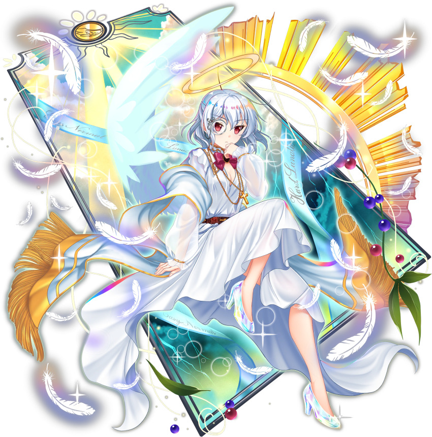 1girl alternate_costume angel_wings bow bowtie breasts cleavage closed_mouth cross cross_necklace dress falling_feathers feathered_wings feathers game_cg glass_slipper halo high_heels highres jewelry kishin_sagume kishin_sagume_(angel_of_taboos) leaf lens_flare long_sleeves looking_at_viewer medium_breasts monocle necklace official_art red_bow red_bowtie red_eyes rotte_(1109) scarf see-through_clothes see-through_sleeves shoes single_wing solo sparkle third-party_source touhou touhou_lostword traditional_halo transparent_background white_dress white_feathers white_scarf white_shoes white_wings wings